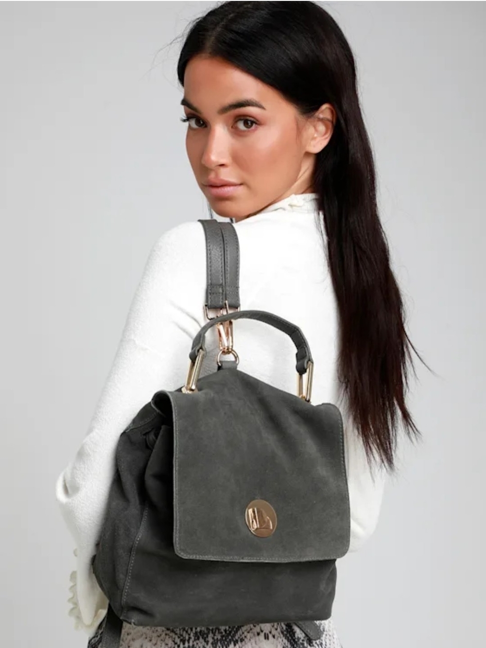 Moda Luxe Dark Gray Suede Flap Backpack 11x9.5x6